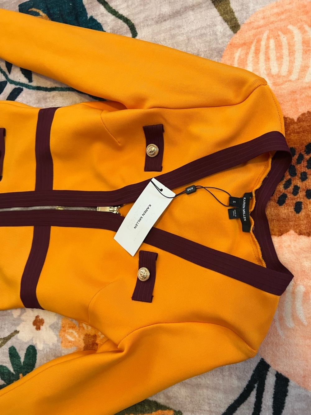 {Karen Millen} Mustard Yellow Long Sleeve Zip Sheath Dress w/ Burgundy Trim NWT - Picture 2 of 3